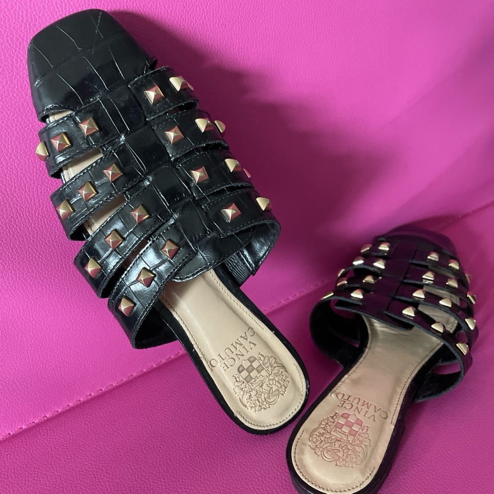 Vince Camuto Lendinna Studded Leather Mules Size 7 Black Fisherman Inspired Punk